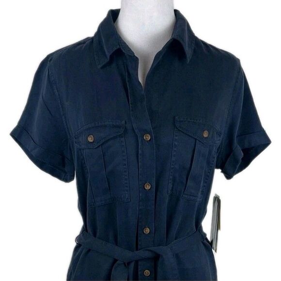 Teddi Rose Women's S Button Front Soft Tencel Midi Shirt Dress Belted Navy NWT - Picture 3 of 11